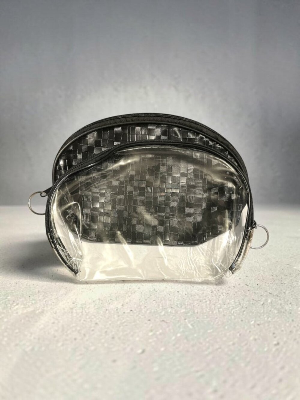 Black Metallic Look & Clear 2 Piece Large Zipper Cosmetic Bag Set